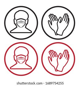 Vector illustration for graphic and webdesign, face with mask and gloves icon. Medical masks for face and hand protection
