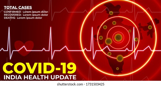 ilustración vectorial de estadísticas gráficas para covid-19, actualización de salud de India con círculos rojos de peligro en el mapa indio que muestra la propagación del virus de la corona, fondo de noticias médicas y de último minuto.