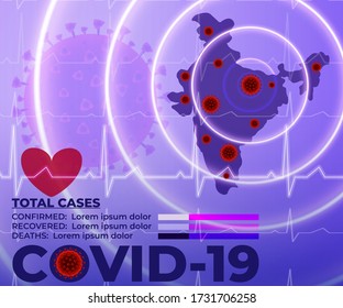 Vektor-Illustration der grafischen Statistiken für covid-19, Indien Gesundheitsaktualisierung mit gefährlichen roten Kreisen auf der indischen Karte zeigt Ausbreitung des Corona-Virus, Hintergrund der medizinischen und bahnbrechenden Nachrichten.