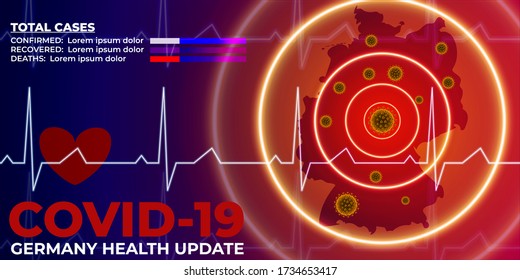 vector illustration of graphical statistics for covid-19, Germany health update with danger red circles on  Germany map showing spread of corona virus, backdrop of medical and breaking news.
