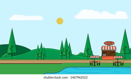 vector illustration  graphice design of coffee shop and beautiful landscape for cover design,background.