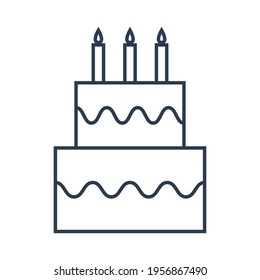 Vector illustration graphics, of cake icon with three candles on it outline style. Good for graphic assets in web design, UI, banners and brochures. simple design.
