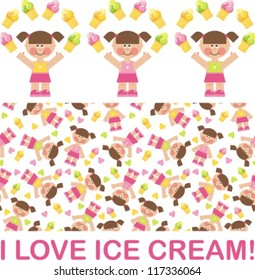 Vector illustration, graphics. Girl juggles ice cream
