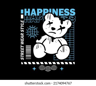 Gráficos de ilustraciones vectoriales, oso de peluche de felicidad, ropa creativa, para el diseño de camisetas de Streetwear y estilo urbano, caramelos, etc.