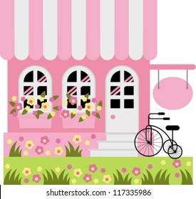 Vector illustration, graphics. Image sign. Vintage bicycle near the house