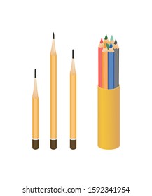 Vector illustration of a graphite pencils and a crayons in pencil case for drawing isolated on white background.