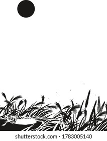 Vector illustration. Grass at the field. Moon, sun. Black silhouettes. 