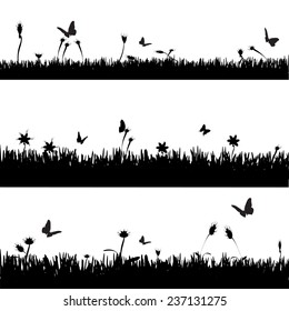 Vector illustration with grass and flowers and butterflies.