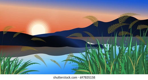 Vector illustration grass flowers and leaves near a lake with mountains and sunset sky. Nature landscape background.