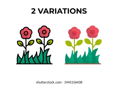 Vector illustration of grass icon. Grass with two flowers with 2 variations flat and lineal color