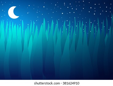 Vector illustration. Grass and moon at night.