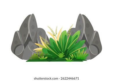Vector illustration of grass with rock for landscape and view, elements for garden and environment, botanical painting for section, meadows