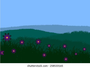 Vector illustration. Grass, sky and meadow flowers.