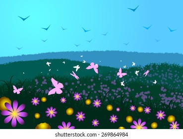 Vector illustration. Grass, sky and meadow flowers.