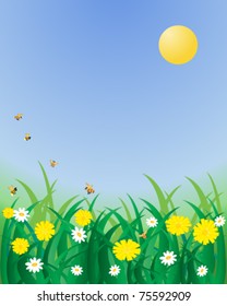 vector illustration of grass and wildflower meadow with bees flying under a blue sky in eps 10 format