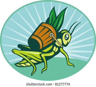 vector illustration of a Grasshopper carrying basket with leaves with sunburst in background set inside ellipse