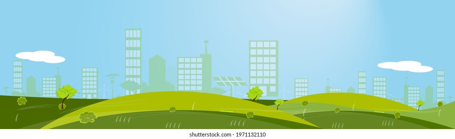 Vector illustration of a grassland scenery behind a beautiful capital city with green hills bright blue sky flat cartoon style background