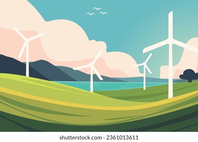 vector illustration of grassland scenery and wind turbines