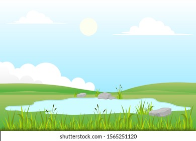 Vector illustration of grassland and small lake with natural scenery