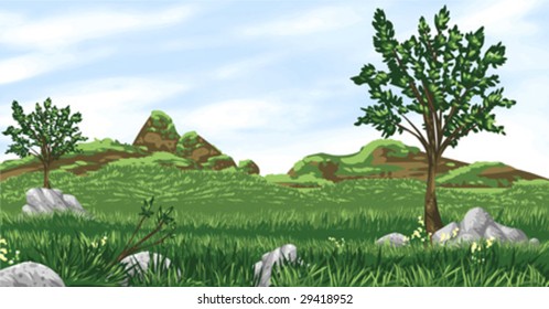 Vektorgrafik der Graslandschaft mit Vektorhimmel. Artwork enthält KEINE Farbverläufe, um die Kompatibilität mit der Vektorsoftware Ihrer Wahl zu maximieren