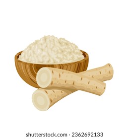 Vector illustration, grated horseradish in a wooden bowl, with pieces of fresh horseradish root, isolated on white background.