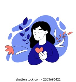 Vector illustration of grateful girl. Pray woman, prayer, heart, support, gratitude, meditation, meditate spiritual practice, mental health psychotherapy. Mindfulness concept. Blue, pink pastel colors
