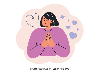 Vector illustration of grateful woman with closed eyes and folded hands, symbolizing gratitude, acceptance, and mindfulness. Flat cartoon style, psychological concept, serenity, and emotional balance