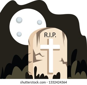 Vector illustration of grave stone under a full moon on a white background.