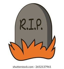 Vector illustration of a gravestone with RIP inscription surrounded by autumn grass. Perfect spooky element for Halloween scenes, haunted graveyards, scary decorations, and seasonal designs.