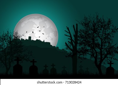 Vector illustration of a graveyard with tombstones and trees in front of a haunted castle on a hill under a green night sky with shining moon and flying bats
