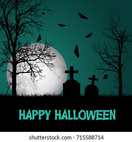 Vector illustration of a graveyard with tombstones and trees under a haunted green sky with a big moon and flying bats and with the text Happy Halloween