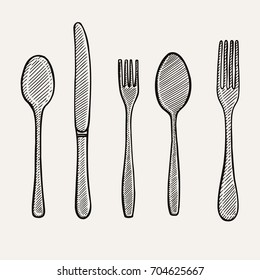 Vector illustration gravure cutlery fork, spoon and knife. Black on white background