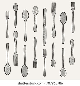 Vector illustration gravure cutlery fork, spoon and knife. Black on white background