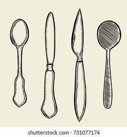Vector illustration gravure cutlery fork, spoon and knife. Black on white background