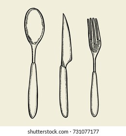 Vector illustration gravure cutlery fork, spoon and knife. Black on white background