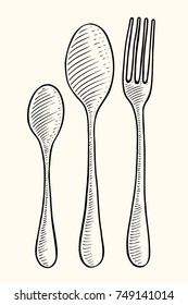 Vector illustration gravure cutlery fork, spoon and knife. Black on white background