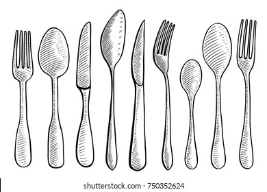 Vector illustration gravure cutlery fork, spoon and knife. Black on white background