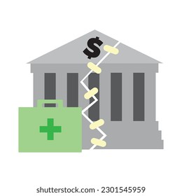 Vector illustration of a gray bank building with a stitched crack and a green medical case featuring a cross, symbolizing financial recovery, bank stabilization, and economic repair.