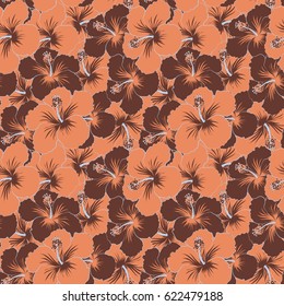 Vector illustration. Gray, brown and orange hibiscus flowers seamless pattern.