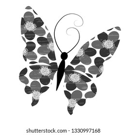 Vector illustration of gray butterflies with floral wings on a white background, textured, artistic. Cute spring card design.