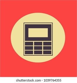 Vector illustration. Gray calculator with a dial on a yellow and red background. Office and school.