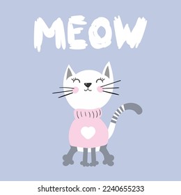 Vector illustration of a gray cat. It can be used as greeting card, poster, invitation for birthday, t-shirt print