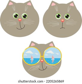 Vector illustration of a gray cat. Funny cat in sunglasses