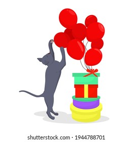 vector illustration of a gray cat playing with balloons tied to gift boxes