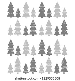 Vector illustration with gray christmas tree on white background hand made, artistic. New Year's Gentle Illustration, with old vintage texture. Cute new year greeting card design template.
