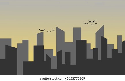 Vector illustration of a gray city skyline silhouette with birds flying against a soft yellow to gray gradient sky.