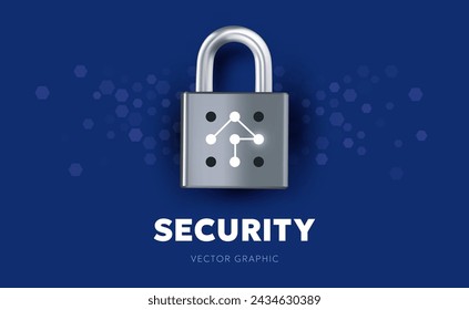 Vector illustration of gray color closed padlock with encrypt code on blue background. 3d style design of metallic shine padlock for web, site, banner, poster
