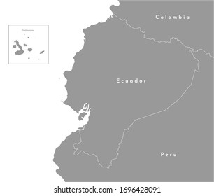 Vector illustration in gray color. Simplified political map with Ecuador in the center and borders with neighboring countries Peru and Colombia. White background of Pacific Ocean.