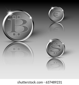 Vector illustration of gray colored circles with different currency emblems
