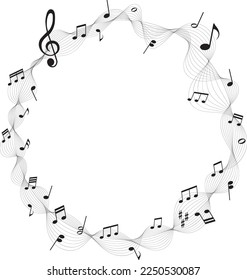 vector illustration of gray colored sheet music circle frame - musical notes melody